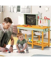 Costway Kids Wooden Toy Workbench with Storage Space & Blackboard Tool Accessories for Boys