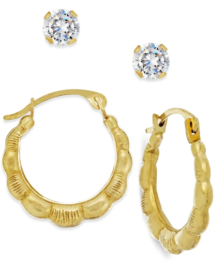 Cubic Zirconia and Ribbed Hoop Earring Set in 10k Gold