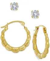 Cubic Zirconia and Ribbed Hoop Earring Set in 10k Gold