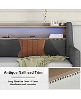 Streamdale Furniture Twin Daybed with Storage, Charging Station, Led Lights, and Linen Fabric