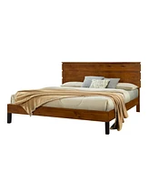 Mid-Century Modern Solid Wood King Bed with Three-Piece Headboard
