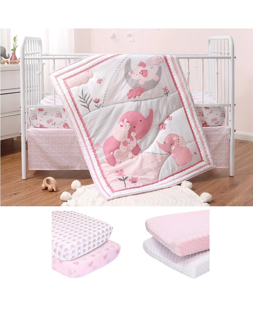 The Peanutshell Pink Elephant 7 Piece Baby Nursery Crib Bedding Set, Quilt, Crib Sheets, Crib Skirt, and Changing Pad Covers