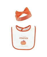 Hudson Baby Infant Girl Cotton Bib and Headband or Caps Set, Pink Cutest Pumpkin, One Size