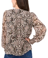 Sam & Jess Petite Floral-Print V-Neck Smocked-Cuff Blouse