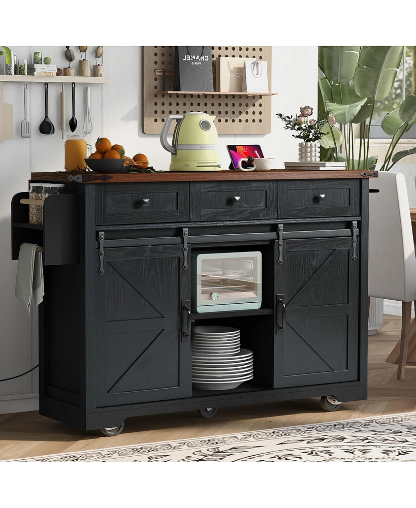 Streamdale Furniture Big Black Wood Grain Farmhouse Kitchen Island with Power Outlet and Sliding Barn Doors