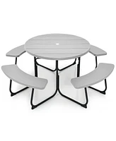 Outdoor 8-person Round Picnic Table Bench Set with 4 Benches & Umbrella Hole