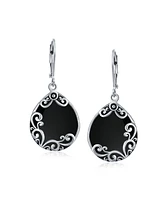 Bling Jewelry Western Style Teardrop Scroll Filigree Scroll Stabilized Black Natural Onyx Lever Back Dangle Earrings For Women Sterling Silver