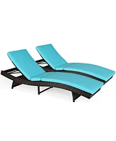 Gymax Set of 2 Foldable Patio Rattan Chaise Lounge Chair w/5 Back Positions Turquoise Cushion