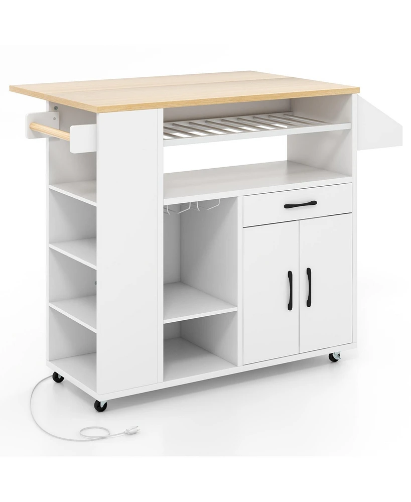 Slickblue Rolling Kitchen Island Cart with Power Outlet for Dining Room-White and Natural