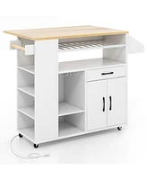 Slickblue Rolling Kitchen Island Cart with Power Outlet for Dining Room-White and Natural