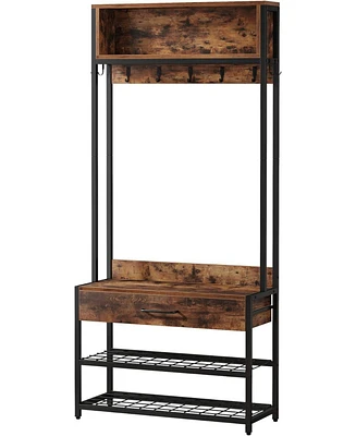 Tribesigns 3 in 1 Entrance Area Hallway Tree with Drawer, Vintage Industrial Coat Rack with Shoe Bench and Stable, Mudroom Bench with Shoe Rack and 9