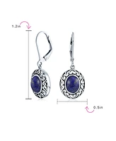 Bling Jewelry Western Style Blue Lapis Lazuli Gemstone Oval Bezel Set Lever Back Dangle Earrings For Women Oxidized .925 Sterling Silver