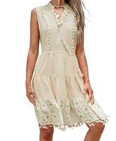 Cupshe Women's Beige Sleeveless Pom-Pom & Tassel Mini Beach Dress