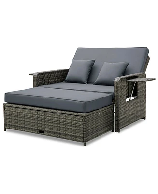 Patio Wicker Loveseat Sofa with Multipurpose Ottoman and Retractable Side Tray