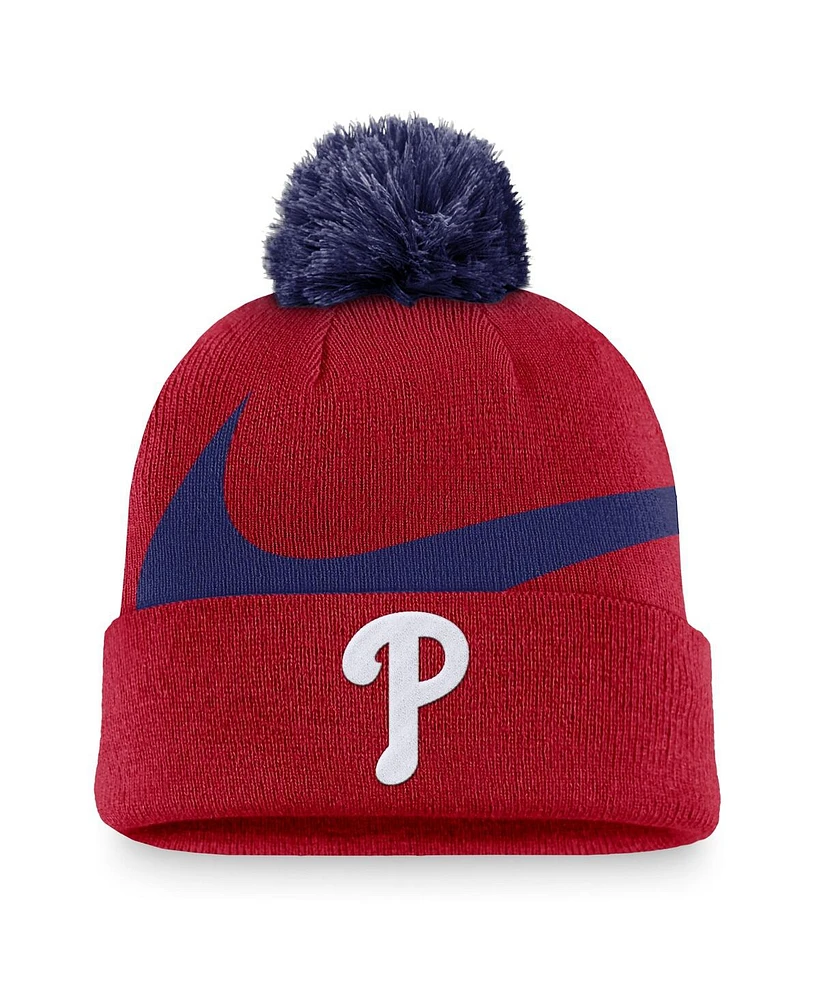 Nike Men's Red Philadelphia Phillies Swoosh Peak Cuffed Knit Hat with Pom