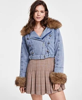 Avec Les Filles Women's Faux Fur Trim Denim Moto Jacket