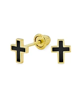 Bling Jewelry Tiny Minimalist Religious Christian 3D Mini Cross Stud Earrings For Women Black Enamel14K Yellow Gold Safety Screw back