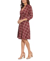 London Times Women's Plaid Collared V-Neck 3/4-Sleeve Dress