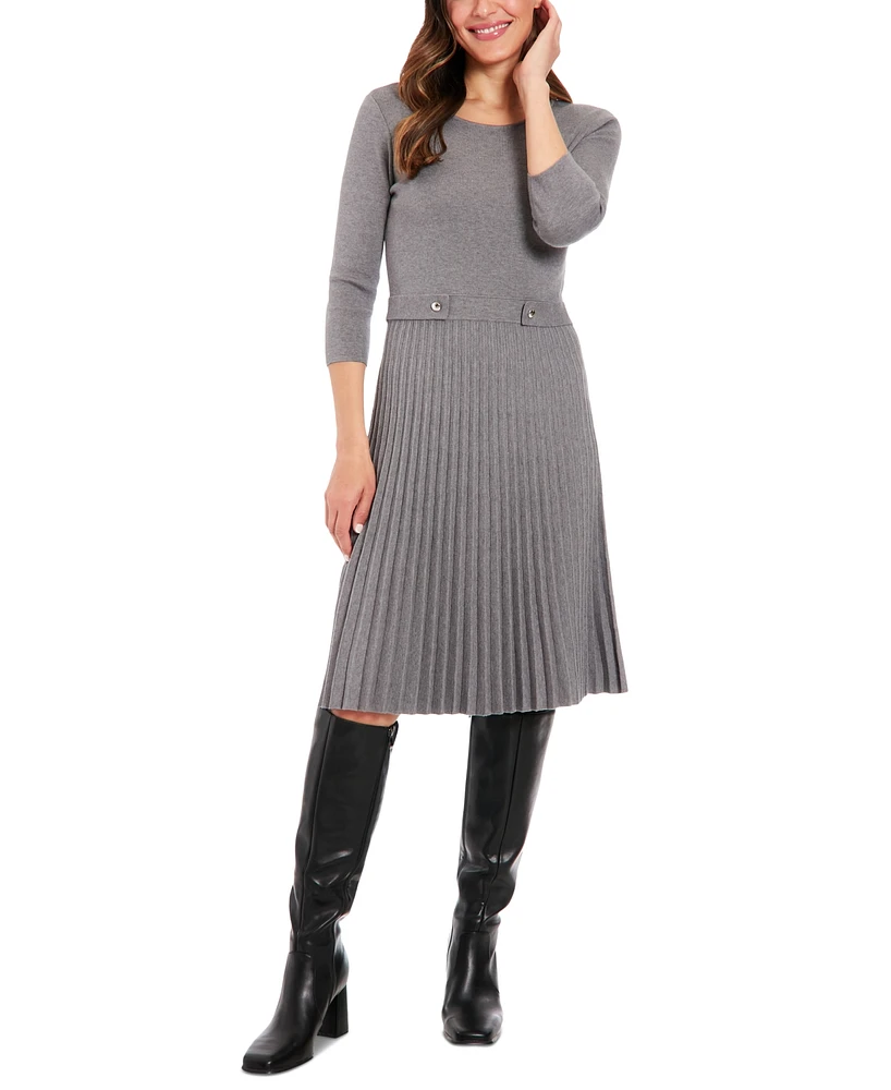 London Times Women's 3/4-Sleeve Pleated Fit & Flare Dress