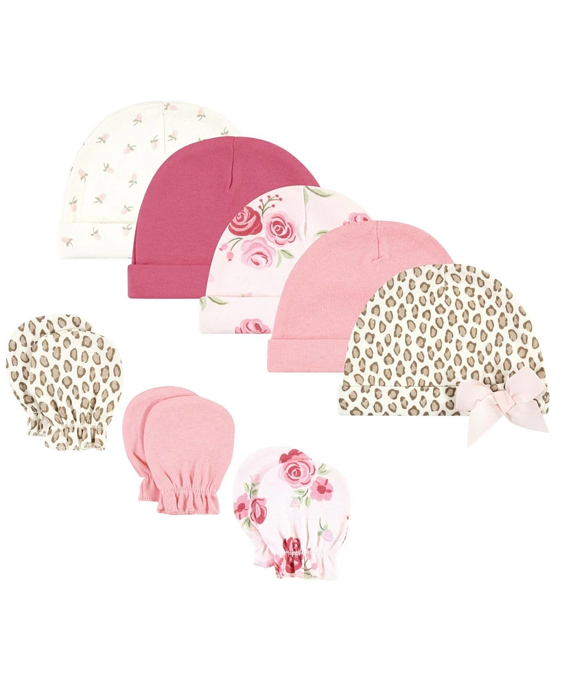 Hudson Baby Baby Girls Hudson Cotton Cap and Scratch Mitten Set, Blush Rose Leopard, 0-6 Months