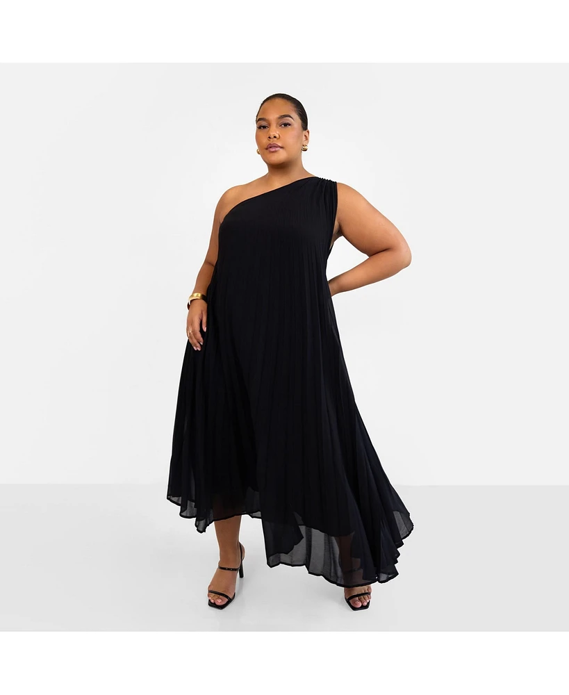 Rebdolls Plus Size Desiree Chiffon Pleated One Shoulder Maxi Shift Dress