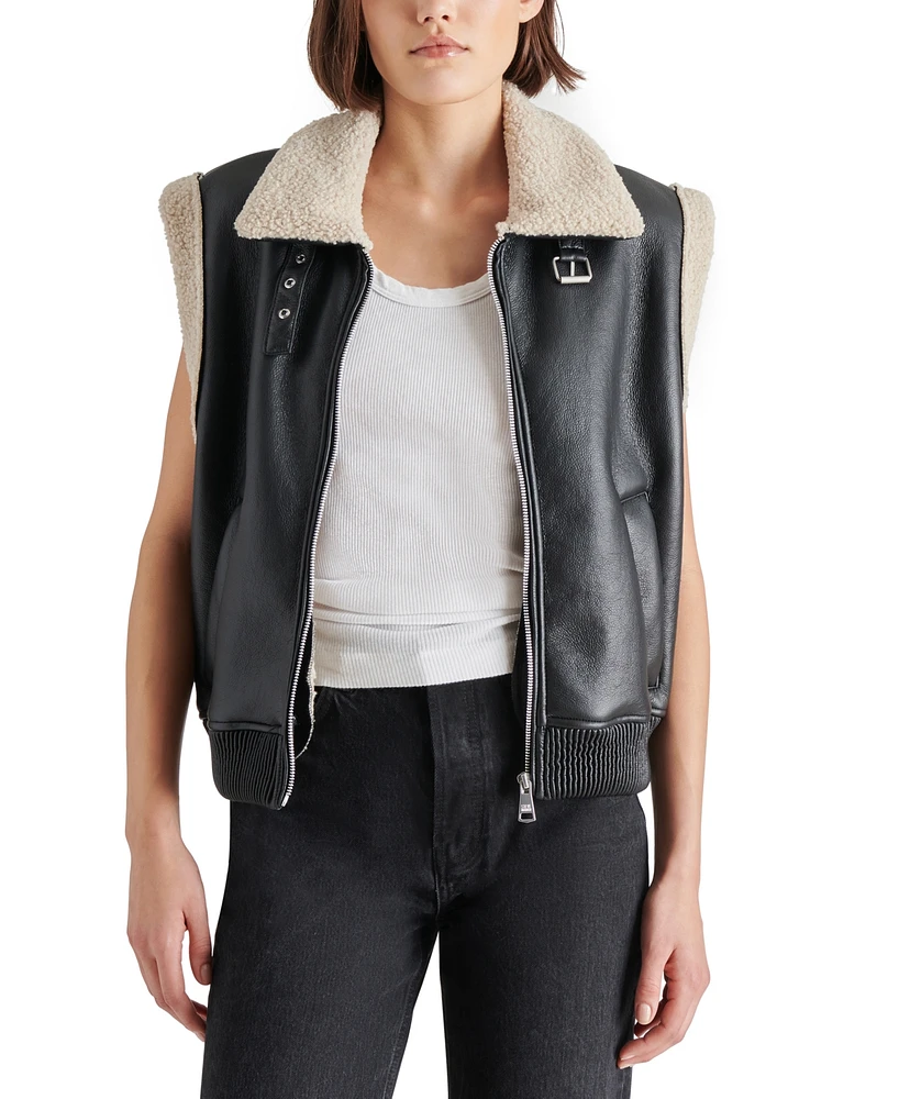 Steve Madden Women's Faux-Leather Fleece-Trim Aviator Vest