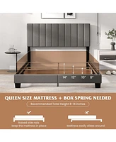 Sugift Queen Size Upholstered Bed Frame with Vertical Channel Tufted Headboard-Gray