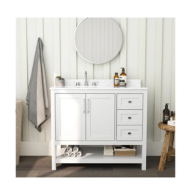 Merrick Lane Vigo Bathroom Vanity With Ceramic Sink, Carrara Marble Finish Countertop, Storage Cabinet With Soft Close Doors