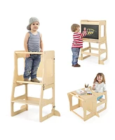 Slickblue 3-in-1 Foldable Kitchen Standing Tower for Toddlers with Chalkboard-Natural