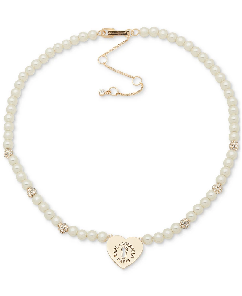 Karl Lagerfeld Paris Gold-Tone Imitation Pearl Heart Logo Pendant Necklace, 16" + 3" extender