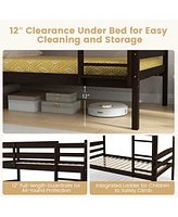 Sugift Solid Wood Twin Over Twin Bunk Bed Frame with High Guardrails and Integrated Ladder