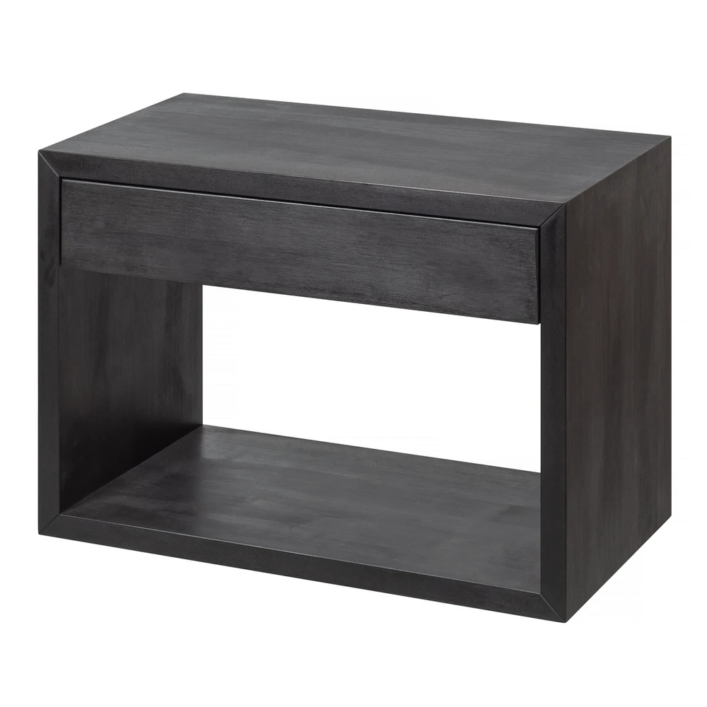 Woodek Black Wooden Nightstand With Open Storage And A Drawer - Wide