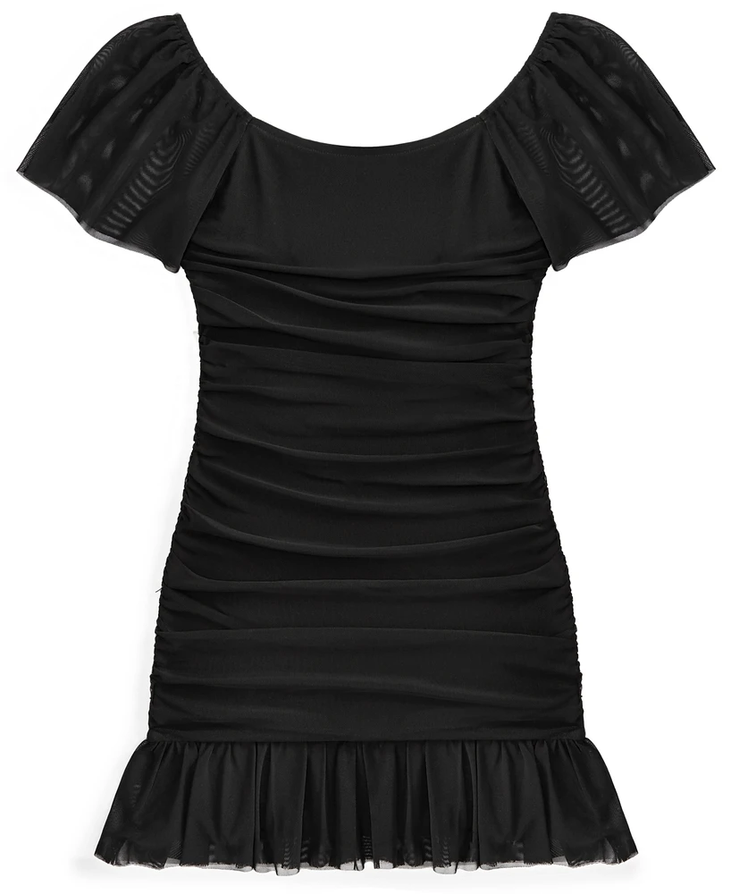 With Jules Big Girls Ruched Flutter-Sleeve Mesh Dress