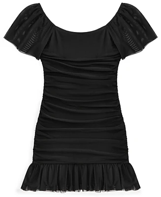 With Jules Big Girls Ruched Flutter-Sleeve Mesh Dress