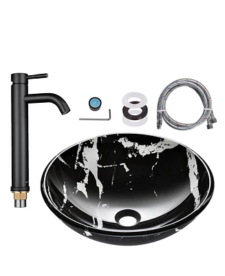 Aquaterior Bathroom Round Tempered Glass Vessel Sink w/ Orb Faucet Mounting Ring