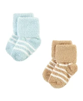 Hudson Baby Boys Cozy Chenille Newborn and Terry Socks, Navy Mint Stripe, 0-6 Months