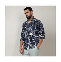 Campus Sutra Men's Navy Blue & Midnight Black Abstract Geometric Shirt