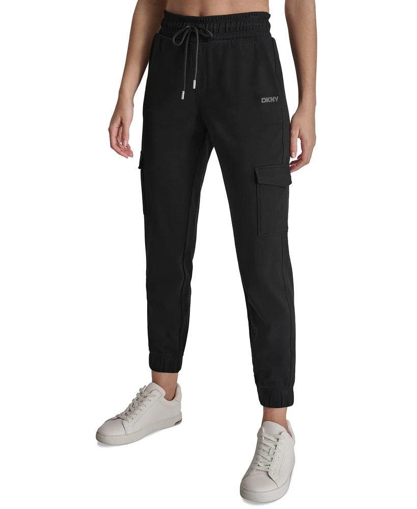 Dkny Sport Women's Studded-Logo Cargo Jogger Fleece Sweatpants