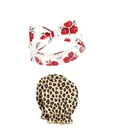 Hudson Baby Baby Girls Cotton Headband and Scratch Mitten Set, Rose Leopard, 0-6 Months