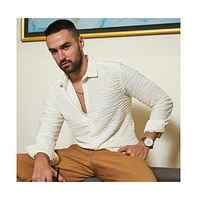 Men's Ivory White Self-Design Wave Shirt