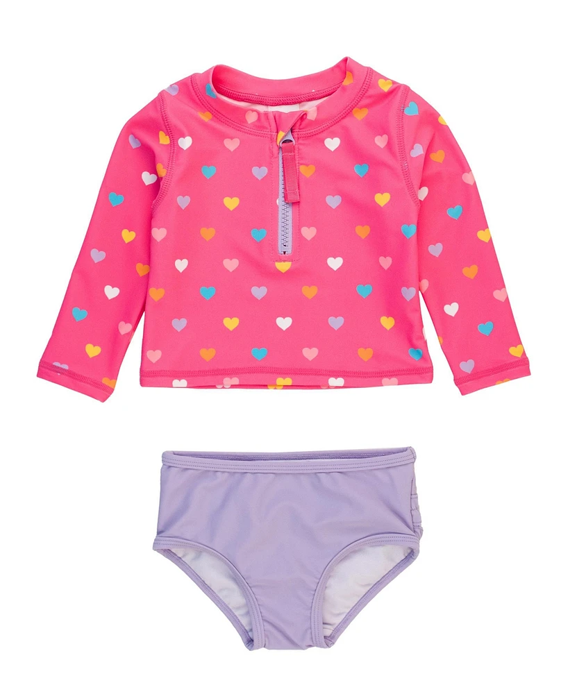 RuffleButts Toddler Girls Long Sleeve Zipper Rash Guard 2-Piece