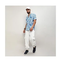 Campus Sutra Men's Chalk White:Indigo Blue Mesh Foliage Shirt