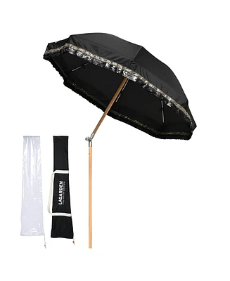 LAGarden 6 Ft Fringe Patio Umbrella with Tassel Jazz Age Wood for Outdoor, Black with glitzy sequin,Model: JZ6-06