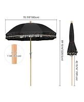 LAGarden 6 Ft Fringe Patio Umbrella with Tassel Jazz Age Wood for Garden, Beige gold glitzy sequin,Model: JZ6-15