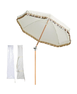LAGarden 6 Ft Fringe Patio Umbrella with Tassel Jazz Age Wood for Garden, Beige with gold glitzy sequin,Model: JZ6-15