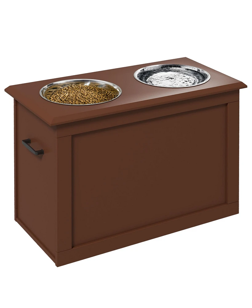 PawHut Raised Bowl Dog Feeder with 2 Steel Bowls and Storage, Brown