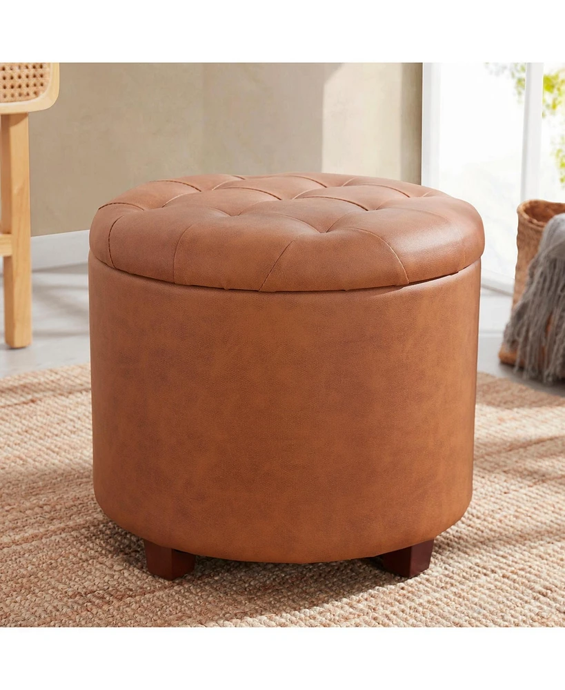 Faux Leather Round Storage Ottoman with Legs and Lift Off Lid