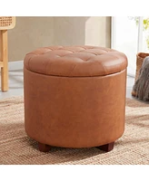 Faux Leather Round Storage Ottoman with Legs and Lift Off Lid