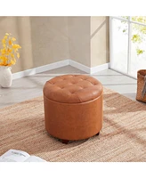 Faux Leather Round Storage Ottoman with Legs and Lift Off Lid