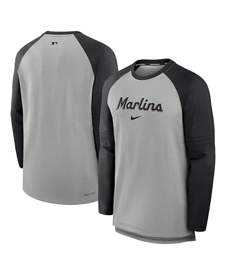 Nike Men's Heather Gray/Black Miami Marlins Authentic Collection Game Time Raglan Performance Long Sleeve T-Shirt